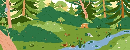 Forest landscape, summer woods panorama. Nature scenery with conifer trees, leaf plants wild stream. Green environment, spring woodland background, scenic panoramic view. Flat vector illustration.