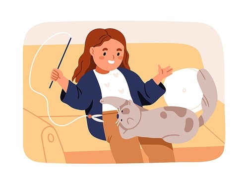 Cute kid playing with funny cat. Happy child and playful kitty with feline toy. Little girl and kitten pet having fun, spending time, leisure, relaxing, resting at home. Flat vector illustration.