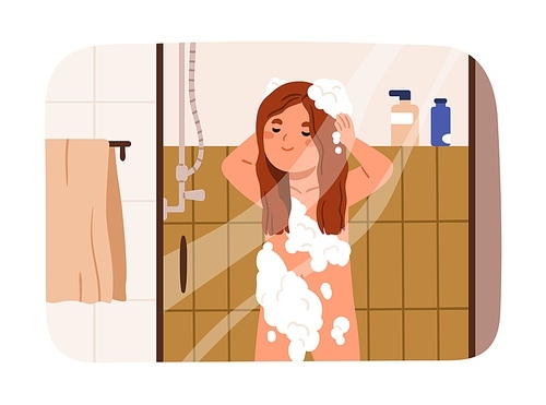 Kid taking shower, standing at bathroom cabin. Cute child washing head, body skin with soap and shampoo foam. Little girl during morning hygiene routine at bath room. Flat vector illustration.