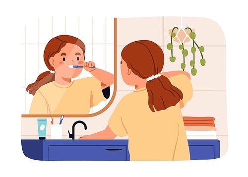 Child brushing teeth. Cute kid with toothbrush at bathroom mirror. Happy little girl holding tooth brush in hand. Daily dental hygiene, morning routine, care, teethcare. Flat vector illustration.