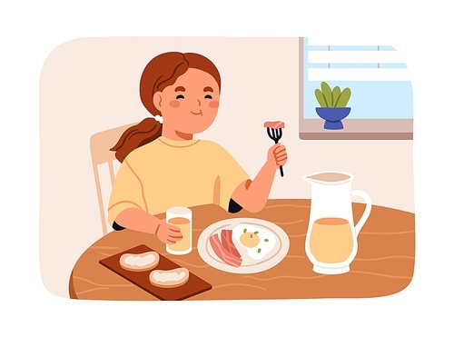 Happy kid at breakfast. Cute girl eating food, sitting at dining table in morning. Smiling little child enjoying fried eggs, bacon and orange juice in glass at home. Flat vector illustration.