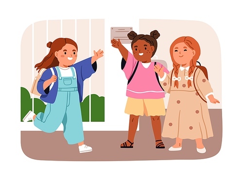 School kids friends. Cute happy girls children mates meeting, greeting with hi gesture. Little elementary schoolkids, classmates smiling, pupils waving with hands. Flat graphic vector illustration.