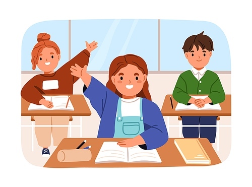 School kids students in class, sitting with hands raised up. Happy cute pupils children in classroom. Elementary children learners, little girls and boy characters at lesson. Flat vector illustration.