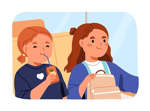 Happy kids in bus on way to elementary school. Cute girls sitting in public transport. Little children, primary schoolgirls travel, looking out of window during excursion. Flat vector illustration.