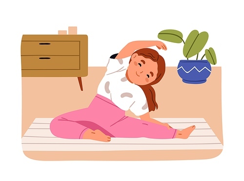 Girl doing exercise at home. Happy cute child stretching body on floor mat. Little kid during healthy physical workout, gymnastics training. Flat vector illustration isolated on white background.