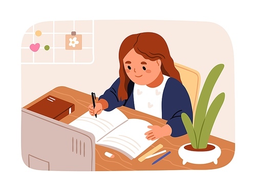 Kid doing homework. Cute school girl studying at home, learning, sitting at desk. Happy little primary child student, elementary schoolgirl character during self-education. Flat vector illustration.