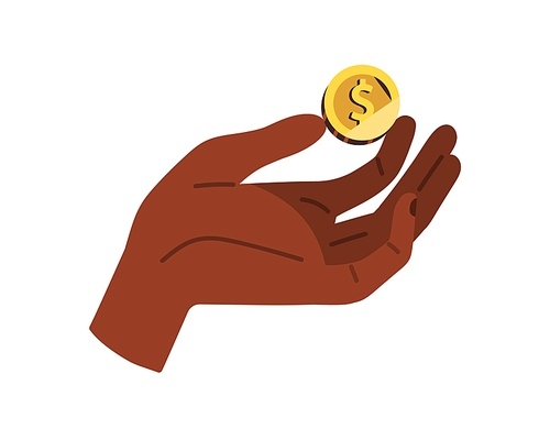Gold coin in hand. Dollar in fingers. Cash money, american currency. Cashback, financial interest, profit, finance concept. Getting change. Flat vector illustration isolated on white background.