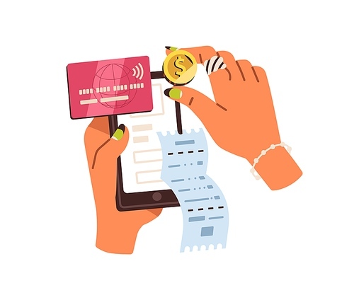 Paying online with credit card and phone, mobile bank app. Hands with smartphone, receipt, electronic money. Internet payment concept. Flat graphic vector illustration isolated on white background.