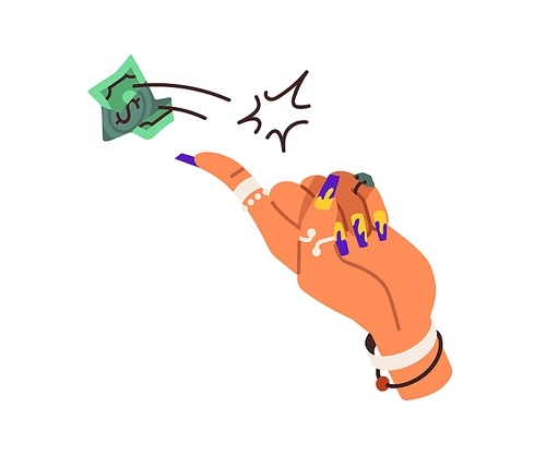 Careless spender, irresponsible attitude to money concept. Hand throwing, squandering, splurging, wasting finance. Financial abundance, excess. Flat vector illustration isolated on white background.