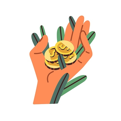Finance growth concept. Rich wealthy hand with growing money, wealth. Increasing income, financial success, gaining capital, getting profit. Flat vector illustration isolated on white background.