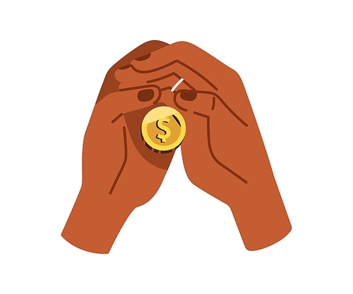 Saving money concept. Frugal thrifty hands holding, keeping dollar coin in palms. Financial economical concept. Finance, economy, frugality. Flat vector illustration isolated on white background.