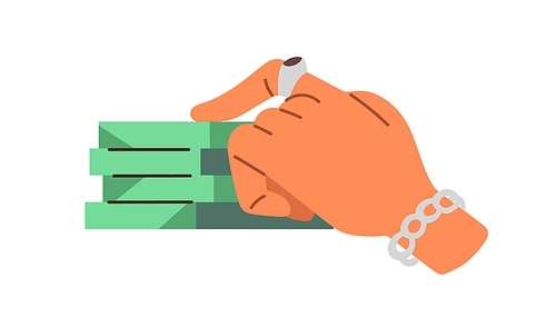 Wealthy hand on stacked money, banknotes, lot of cash. Wealth, fortune, capital, income, financial concept. Gaining budget, finance capital. Flat vector illustration isolated on white background.