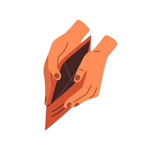 Hands opening empty wallet. No money in purse. Poor moneyless penniless needy person. Poverty, bankruptcy, financial economic crisis concept. Flat vector illustration isolated on white background.
