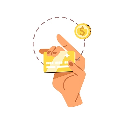 Bank credit card and cash, coin. Money cashback, financial bonus concept. Hand holds electronic finance, getting reward, financial return, refund. Flat vector illustration isolated on white background.