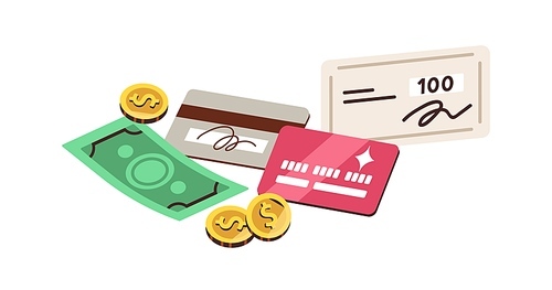 Financial instruments. Credit debit cards, bank cheque, banknote, coins. Cash and cashless finance, money. Different paying, payment methods. Flat vector illustration isolated on white background.