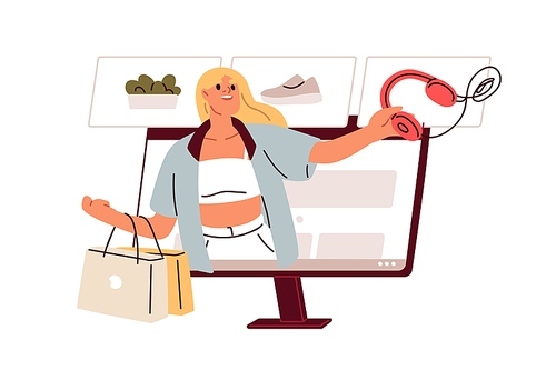 Online shopping concept. Customer buying goods, making purchases in internet virtual store. Happy woman shopper at web marketplace sales. Flat vector illustration isolated on white background.