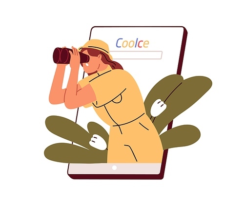 Looking for information via search engine, web browser in mobile phone. Curious person with binoculars surfing internet, using smartphone. Flat vector illustration isolated on white background.