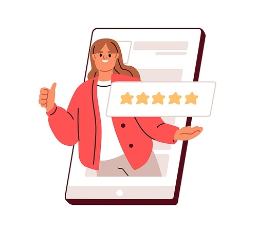 Feedback, customers review, positive user experience concept. 5 stars rating of mobile app, online service satisfaction. Happy client in internet. Flat vector illustration isolated on white background.