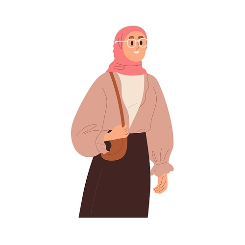 Muslim Arab woman in hijab headwear. Islam girl wearing traditional outfit, head kerchief, headdress, glasses. Happy Arabian female character. Flat vector illustration isolated on white background.