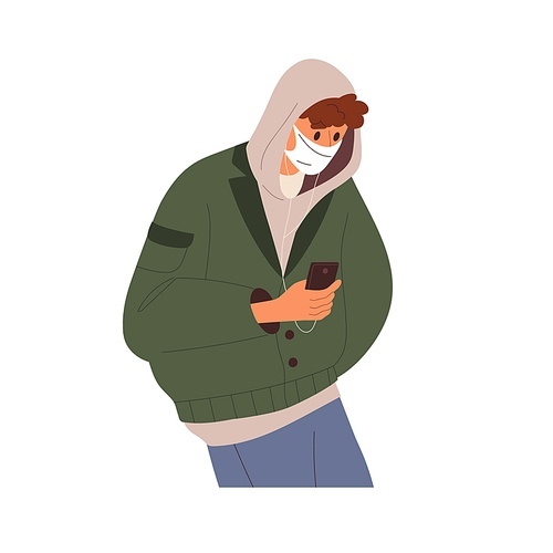 Man in face mask, listening to music with earphones, holding mobile smart phone. Young person, male character in hood with smartphone in hand. Flat vector illustration isolated on white background.