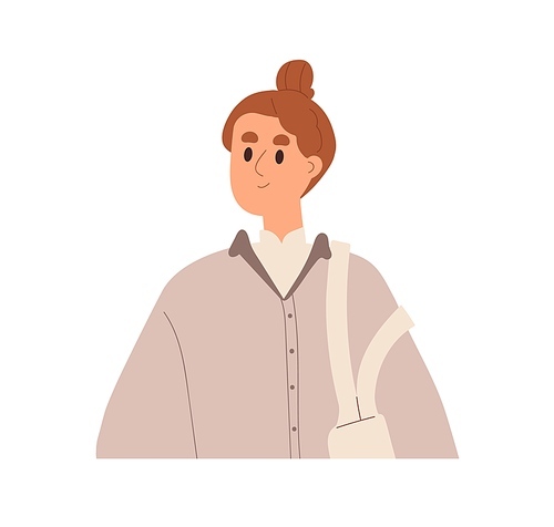 Woman in casual clothes, hair bun. Smiling girl in modern ordinary apparel, shoulder bag. Young female character in relaxed neutral outfit. Flat vector illustration isolated on white background.