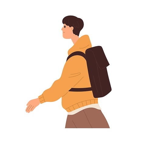 Young man going with backpack. Student in modern apparel, outfit, hoody walking outdoors. Asian guy, male character profile in motion, movement. Flat vector illustration isolated on white background.