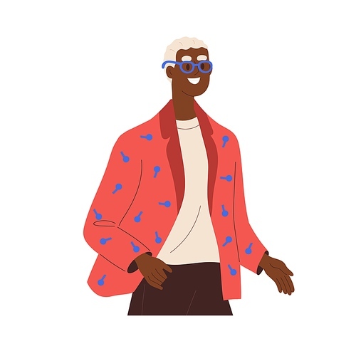 Happy black man wearing modern apparel, glasses. Smiling stylish person in trendy outfit, clothes. African-American character with blonde hair. Flat vector illustration isolated on white background.