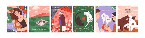 Postcards templates set for Saint Valentine's day. Romantic cards designs with love couples, cute sweet cats, lovers. Vertical backgrounds for St. 14 February holiday. Flat vector illustrations.