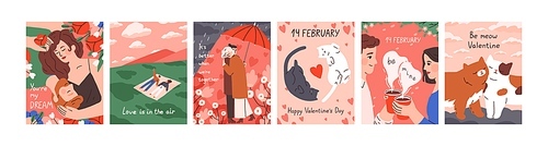 Love card designs set for Saint Valentine Day. Cute romantic vertical postcards templates with people and cats couples for 14 February holiday greeting. Modern colored flat vector illustrations.