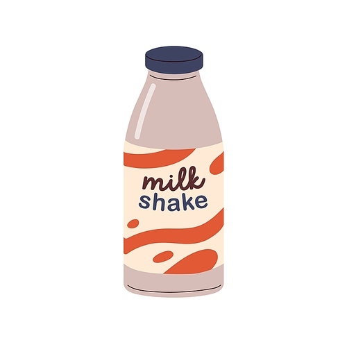 Milkshake, fresh drink in glass bottle. Milk shake, cocktail, summer sweet beverage, cold refreshment. Tasty refreshing product. Flat vector illustration isolated on white background.