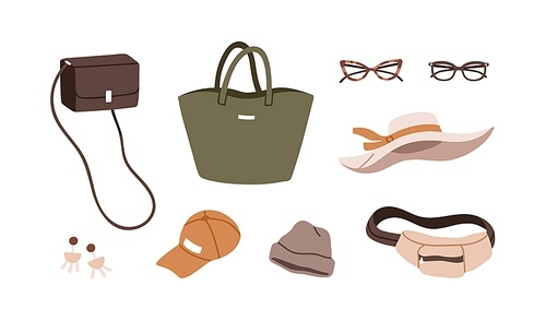 Accessories set. Women waist bag, purses, handbags, stylish glasses, eyewear, modern summer hat, cap, earring. Different trendy items, things. Flat vector illustrations isolated on white background.