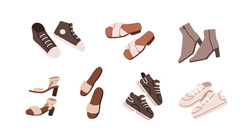 Female fashion shoes set. Casual autumn boots, sport sneakers, trainers, summer slippers, heeled sandal. Different types of modern women footwear. Flat vector illustration isolated on white background.