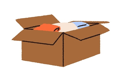 Open box with packed stuff, personal belongings. Unpacking carton pack with clothes, apparel. Cardboard parcel with items for storage and moving. Flat vector illustration isolated on white background.