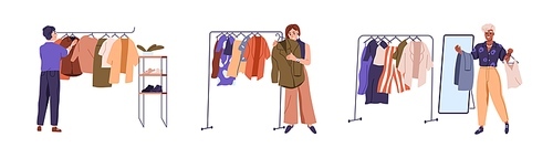 Fashion women choosing modern clothes on hanger rails. Happy people shopping. Outfit, apparel, trendy garments choice in showroom, boutique. Flat vector illustrations isolated on white background.
