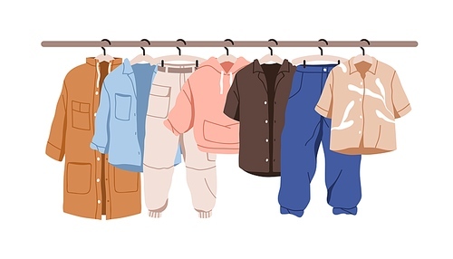 Casual clothes hanging on rack. Garments row on hanger rail. Modern wardrobe, wearing for charity. Different women apparel, pants, sweatshirt. Flat vector illustration isolated on white background.