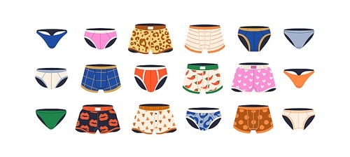 Men underwear set. Male underpants, trunks, panties of different types, shapes. Boxers, briefs, thongs pants models. Modern underclothing. Flat vector illustrations isolated on white background.