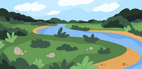 Summer nature, rural landscape with green grass, river water, sky horizon with clouds. Countryside scenery with forest trees at distance, shrubs. Peaceful summertime. Flat vector illustration.