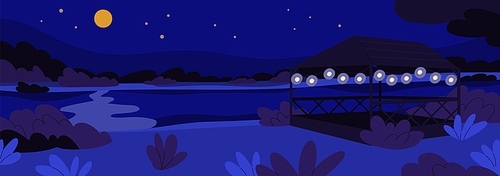 summer night landscape with gazebo, . light. peaceful midnight nature background, panorama, arbor shelter pavilion, river, sky horizon with stars in darkness at nighttime. flat vector illustration.