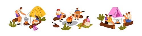 Outdoor camping set. Campers with tents, bonfire, cooking, relaxing, playing guitar, singing songs. Tourists at campfire on summer vacation. Flat vector illustrations isolated on white background.