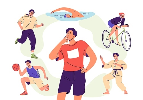 Choose sport, physical activity for health concept. Man thinks, makes choice from different workout options, jogging, swimming, cycling. Flat graphic vector illustrations isolated on white background.