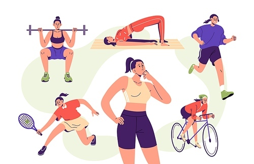 Choice of sport, physical activity concept. Woman thinking, choosing between workout options variety, fitness, gym, jogging, bicycle. Flat graphic vector illustrations isolated on white background.