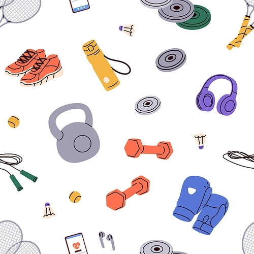 Seamless sport pattern with gym, fitness equipment. Background, texture design, dumbbell, water bottle, workout stuff, supplies. Repeating print with kettlebells. Flat vector illustration for fabric.