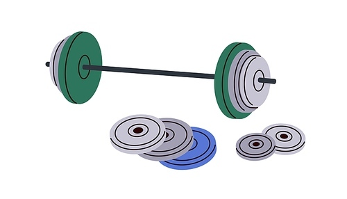 Heavy discs on barbell. Hard disks, plates on bar. Weights, gym equipment for strength workout, power training, weightlifting, muscle pumping. Flat vector illustration isolated on white background.