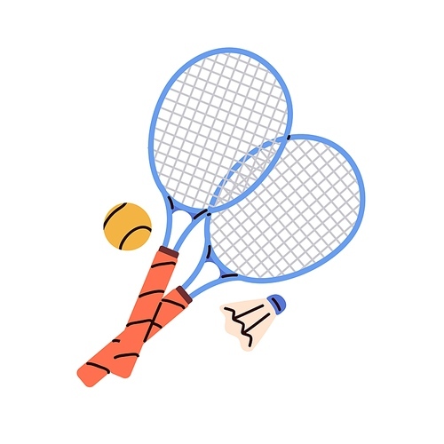 Tennis rackets, ball, badminton shuttlecock. Crossed racquets, sport game equipment, supplies for playing tenis. Flat graphic vector illustration isolated on white background.