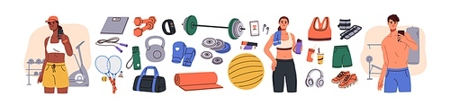 Sport equipment, gym accessory, people athlete set. Dumbbell, barbell, fitness ball, yoga mat, bag, sportswear for training. Workout stuff bundle. Flat vector illustration isolated on white background.