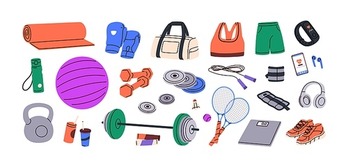 Sport equipment set. Gym accessories, training items, workout stuff, sportswear, athletic bag. Dumbbells, water bottle, fitness mat. Flat graphic vector illustrations isolated on white background.