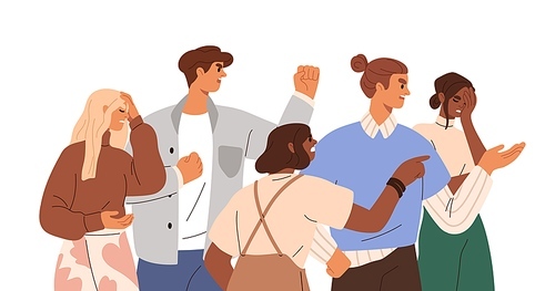 Angry outraged people blaming, complaining, criticizing. Group of indignant men and women expressing anger, disapproval, negative emotions. Flat vector illustration isolated on white background.
