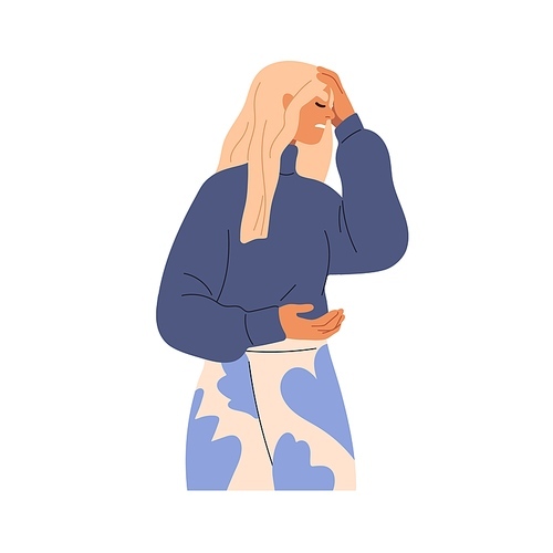 Upset disappointed person regretting. Desperate woman failed, in stress, feeling guilty. Frustration, annoyance, disappointment expression. Flat vector illustration isolated on white background.