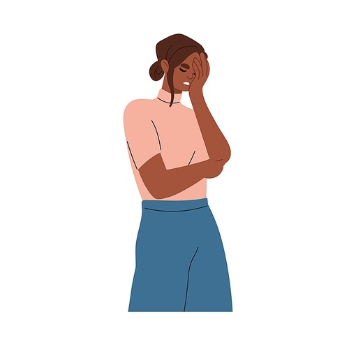 Embarrassed ashamed woman in frustration. Person hiding face with facepalm gesture. Female character forgot, failed, feeling shame, guilty. Flat vector illustration isolated on white background.