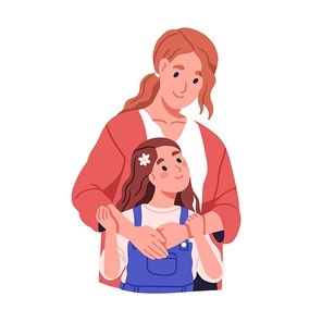 Mother and daughter hugging. Happy mom and little girl, kid embracing together. Support, love, care in supportive family relationship concept. Flat vector illustration isolated on white background.